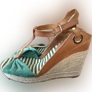 Kelsi Dagger Tan, White, and Teal Wedge Espadrille Sandals, Size 7